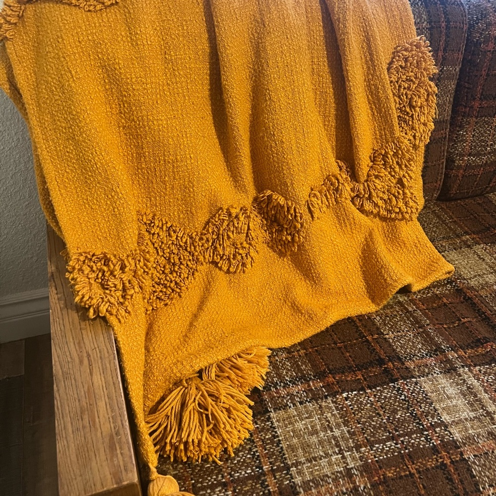 Mustard Pom-Pom Throw Blanket - Home Bedding